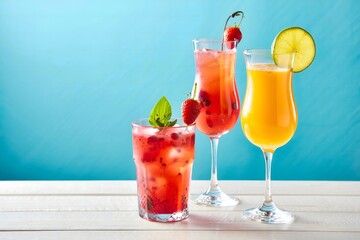 Refreshing Summer Cocktails with Berries and Citrus Fruits on White Table