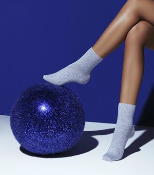 A woman's legs in soft socks balance on a vivid blue sphere against cobalt backdrop. Minimal fashion concept with bold color contrast and playful geometry.