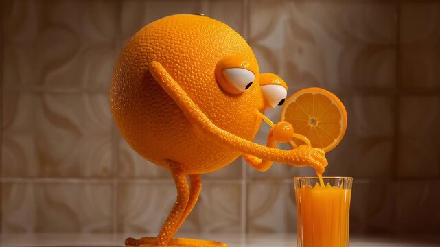 A cartoon orange man is pouring orange juice into a glass. The cartoon orange man is wearing a frowning expression