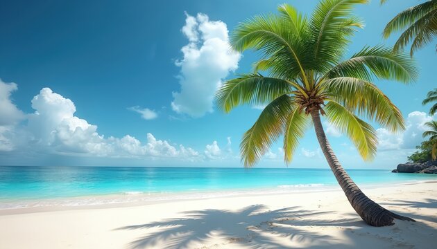 Tropical beach with prominent leaning palm tree casting long shadows on white sand. Calm turquoise ocean water gently laps sunny shore. Bright blue sky shows fluffy clouds. Beautiful idyllic tropical