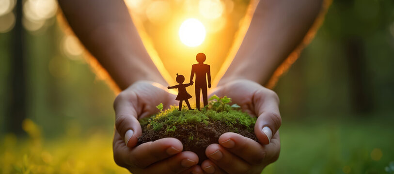 Artistic illustration showing hands holding child and adult figures on mossy ground. Concept represents care protection family support and emotional healing. Sunlight shines in the background.