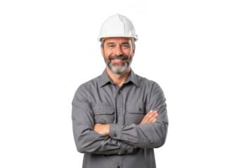 Smiling bearded man wearing a white hard hat and gray work shirt with arms crossed isolated on transparent background