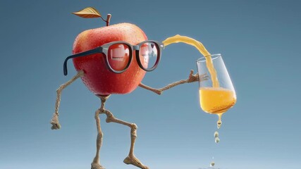 A cartoon apple with glasses is holding a glass of juice. The juice is dripping from the glass and the apple is walking. The image conveys a playful and lighthearted mood