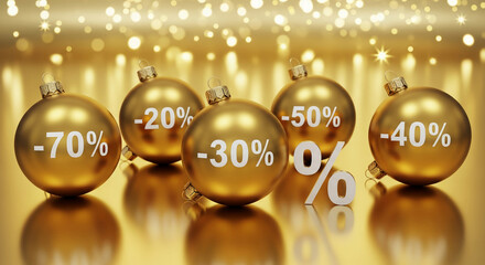 Five gold Christmas ornament balls display various discount percentages. Representative of holiday season sales, offers, and special promotion campaigns