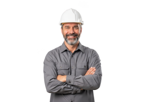 Smiling bearded man wearing a white hard hat and gray work shirt with arms crossed isolated on transparent background - Powered by Adobe