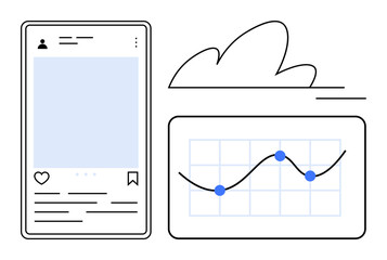 Smartphone social media post interface next to a data analytics line chart. Ideal for digital marketing, data analysis, social media strategy, engagement tracking, tech solutions, cloud data, simple