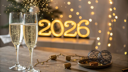 Champagne flutes and glowing 2026 numerals set the scene for a sparkling new year s eve celebration with festive bokeh lights