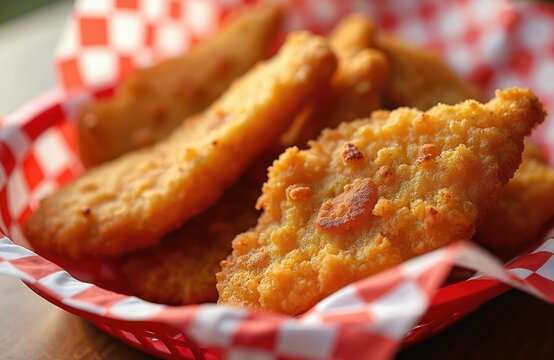 Crispy fried catfish fillets served in red, white checkered basket. Golden brown seafood pieces look appetizing, delicious. Rustic presentation suggests casual dining experience in country cafe. - Powered by Adobe