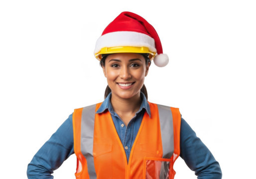 A cheerful female construction worker wearing a festive santa hat over her hard hat isolated on transparent background