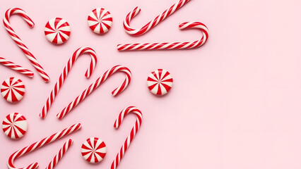 Overhead flat lay of christmas candy canes and peppermint treats on pink background with copy space for holiday design banner