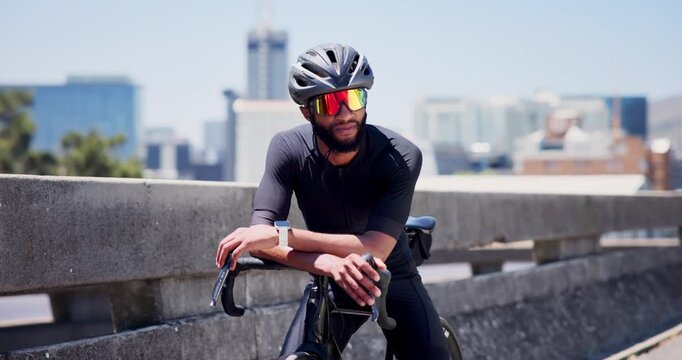 Man, fitness and checking watch with bicycle in city for cycling time, performance or tracking. Active, male person or cyclist with wristwatch on bike for outdoor ride, calories or heart rate in town