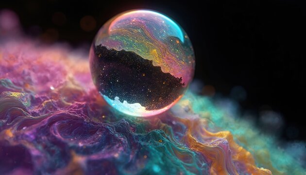 Multicolor spherical bubble planet with vibrant patterns, starry deep space interior. Rests on undulating abstract textured surface with swirling iridescent liquid colors, appearing alien. Cosmic