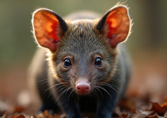 Close up photo of Tasmanian Devil in natural forest habitat. Sarcophilus harrisii poses looking at camera. Animal portrait with detailed fur and big eyes.