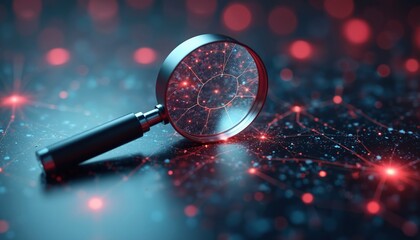 3D magnifying glass hovers above digital network displaying intricate connections. Image advanced technologys ability to find hidden data, reveal complex information systems. Represents innovation