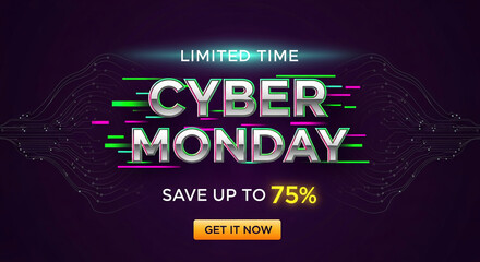 Digital image promoting Cyber Monday. Metallic text with green and pink accents, on a dark circuit board background. Shows sale and promotion concept