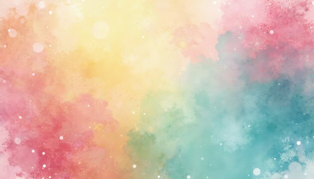 Abstract watercolor background with colorful pastel gradient. Dreamy art illustration with soft texture, paint splashes. Pink, yellow, blue colors blend with bokeh lights. Gentle, vibrant design - Powered by Adobe