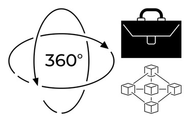 360-degree rotation symbol with arrows, a structured blockchain network, and a business briefcase. Ideal for innovation, technology, decentralization, business, strategy, digital transformation