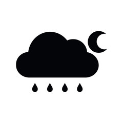 Rainy Night Weather Flat Icon on White Background. Cloud, Rain and Moon Silhouette Elements. 