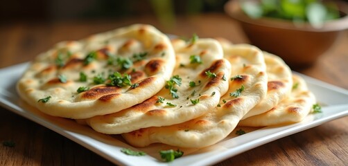 Fluffy naan bread pile served on white plate. Fresh baked flatbread dusted with green herbs. Soft dough with golden brown crispy spots, tasty side dish for curry.