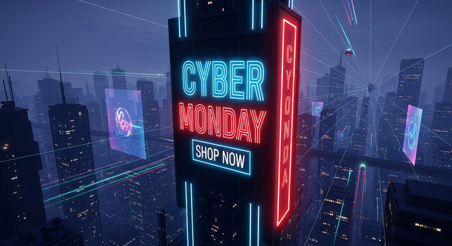 Night cityscape with neon sign displaying Cyber Monday. Symbolizes promotion, future technology, and retail event. "Shop now" message included. - Powered by Adobe