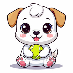 Fototapeta premium Vector of a cartoon puppy with big eyes holding a tennis ball in its paws sitting down and looking adorable