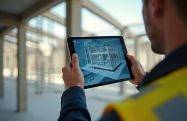 Engineer in safety vest holds tablet computer. Device shows 3D building model overlaid on site. Pro inspects construction using digital tech. Analyzes plans for future development. Augmented reality