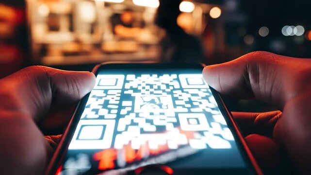 Man uses phone to scan qr code for payment, mobile application technology displays a green check mark for transaction success.