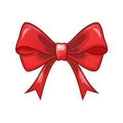 Vector decorative shiny gift red ribbon with tied bow design element isolated on white background. Beautiful large shiny bow made of red ribbon with soft shadow on white background