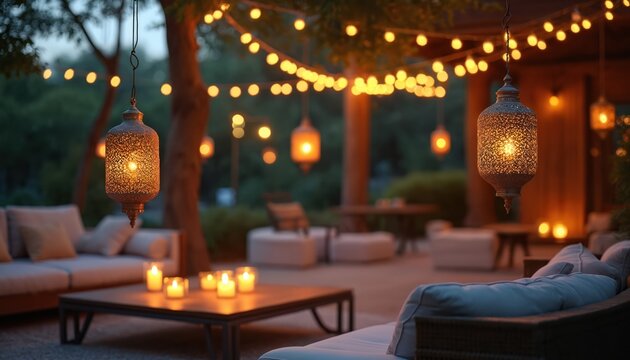Outdoor patio seating area with hanging lanterns and candles creates a warm, romantic ambiance. String lights illuminate comfortable sofas and furniture for evening relaxation. Cozy gathering spot.