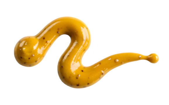 Yellow honey mustard sauce smear with seeds isolated on white background, spicy wholegrain condiment swirl texture, tasty dip ingredient, for fast food, burger, hot dog, sandwich.