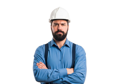 A determined construction worker with a beard wearing a blue shirt and white hard hat with arms crossed isolated on transparent background
