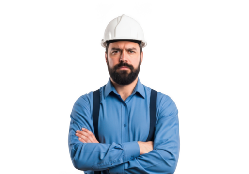 A determined construction worker with a beard wearing a blue shirt and white hard hat with arms crossed isolated on transparent background