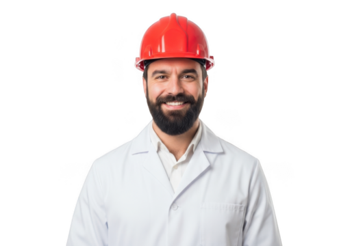 A smiling bearded man wearing a red hard hat and white lab coat isolated on transparent background