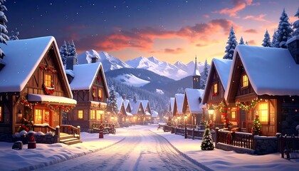 Fototapeta premium Winter village scene; snow-covered roofs & mountains, warm light from windows, festive decorations & a colorful sunset