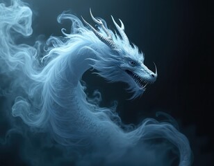 Mystical dragon creature with smoke swirling around. Blue, grey hues on dark background. Dragon long neck, sharp claws, fierce expression. Smoke flows like mane, adding to mythical feel. Creature