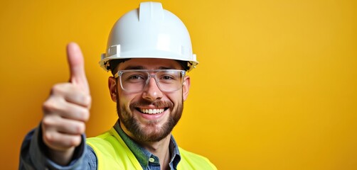 Smiling builder man in hard hat, glasses, safety vest gives thumbs up. Young engineer looks confident, happy, ready for work. Construction pro with beard, yellow jacket, white helmet.