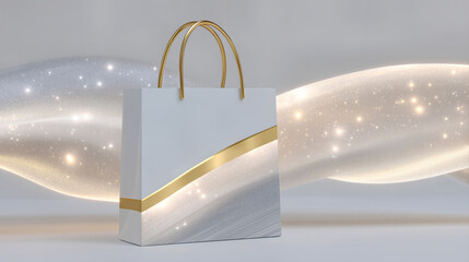 Obraz premium Luxury shopping bag with golden ribbon accents on a glowing abstract background