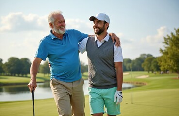Two male friends enjoy playing golf together on a sunny day. They smile talk and look happy. The men are in casual attire outdoors on a green golf course.
