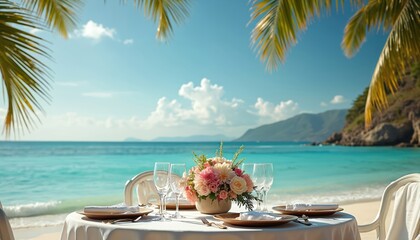Table set for romantic dinner on tropical beach. Ocean waves crash near palm trees under sunny sky. White tablecloth dinnerware flowers and wine glasses await guests for seaside meal.
