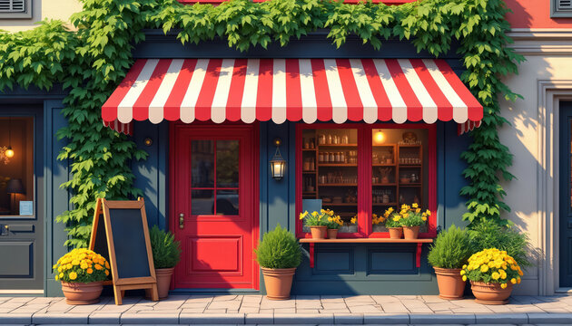 Illustration presents a cozy street cafe exterior. Red striped awning plants and vibrant yellow flowers add charm. The door and window frame is red and the walls are blue.