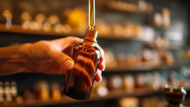 A bottle of essential oil sits on a wooden table. The bottle is brown and has a dropper on top. The table is cluttered with various bottles and jars, giving the impression of a busy