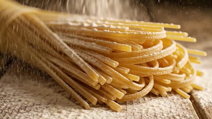 Fresh Uncooked Pasta Getting Dusted with Fine Flour on a Rustic Wooden Table.