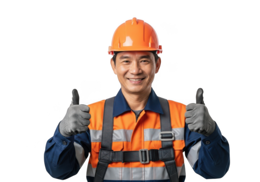 Smiling asian construction worker wearing orange hard hat and reflective vest giving two thumbs up gesture isolated on transparent background