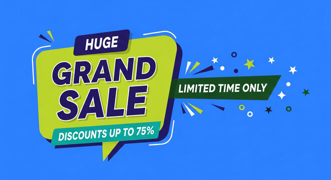 Graphic with a geometric shape promoting a grand sale, discounts up to 75%, for a limited time, against a blue backdrop, showcasing a promotional event