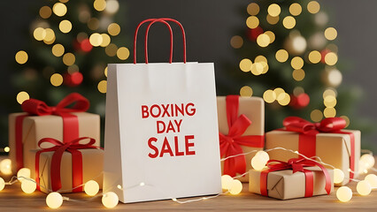 Boxing day sale shopping bag surrounded by gifts and christmas lights