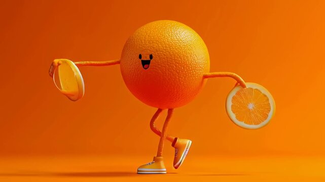 A cartoon orange character is pouring orange juice into a glass. The orange character is holding an orange in one hand and a glass in the other. The scene is bright and cheerful, with the orange juice