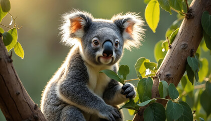 Adorable koala sits on tree branch in warm sunlight. Holds fresh green eucalyptus leaves. Marsupial looks at viewer with big eyes. Wild creature in natural habitat. Cute Australian native wildlife.
