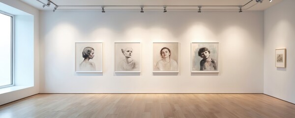 Gallery interior with framed portraits hung on a white wall. Track lights illuminate artwork, featuring subjects like women and a child. Clean space with wooden floor.
