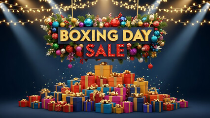 Boxing day sale with stack of gift boxes and festive lights