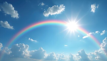 Obraz premium Bright sun shines with rainbow spanning across blue sky filled with white clouds. Scenic nature background for weather joyful occasions. Colors include vibrant red orange yellow green blue indigo